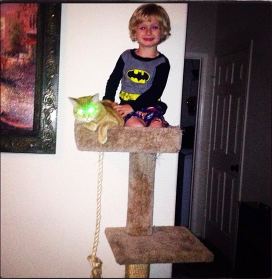 Bat Spawn and his trusty minion, Lazr Cat. And, no. I have NO idea how he got up there.
