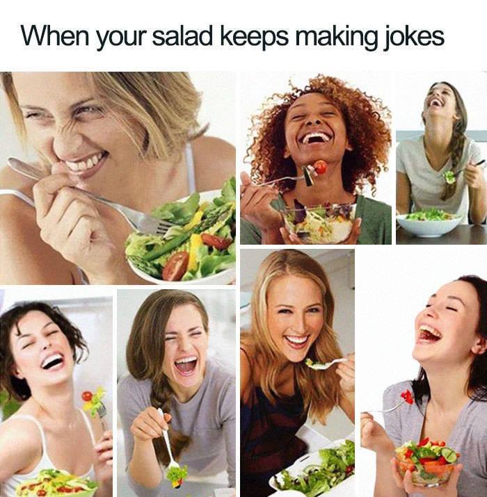 women laughing at salad, optimism