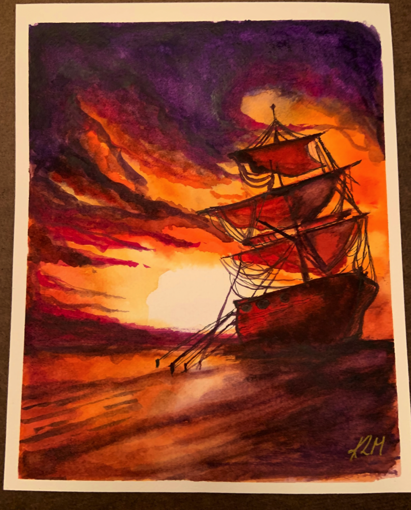 formula, art, watercolor painting, sunset and ship, Kristen Lamb