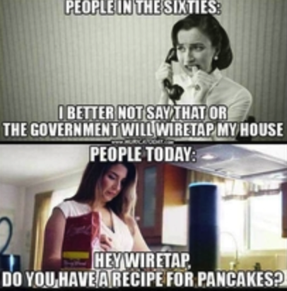 meme about surveillance scare versus Alexa, human resources